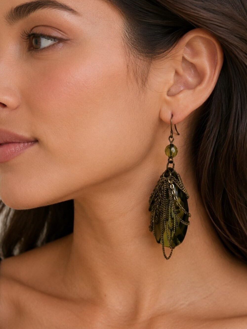 VTG Olive Green Prism Draped Chain Old Hollywood Gasparilla Chandalier Earrings